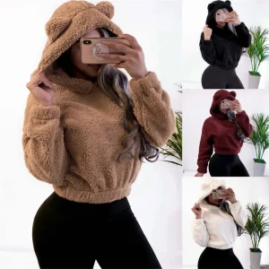 Winter Korean Fashion Bear Ears Cute Loose Hoodie Fluffy Hooded Warm Sweatshirt Long Sleeve Top Solid Pullover Clothes For Women