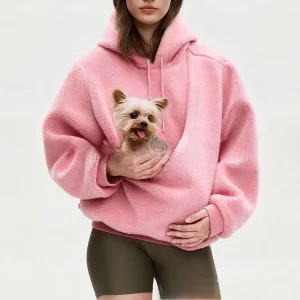 Ladies Winter Hooded Lamb Velvet Kangaroo Pocket Dog Mommy Outwear Sweatshirt Comfortable Street Style Trendy Fashion